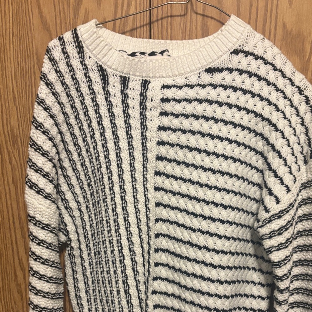 Womens Cream and Black Striped Crewneck Sweater